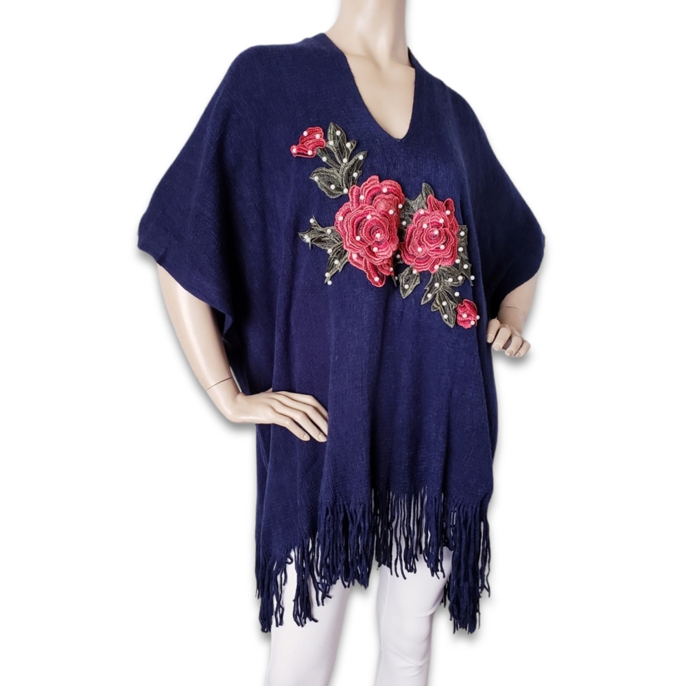 C-Mode Navy Blue Red Rose Embellished & Pearled Fringe Hem Poncho